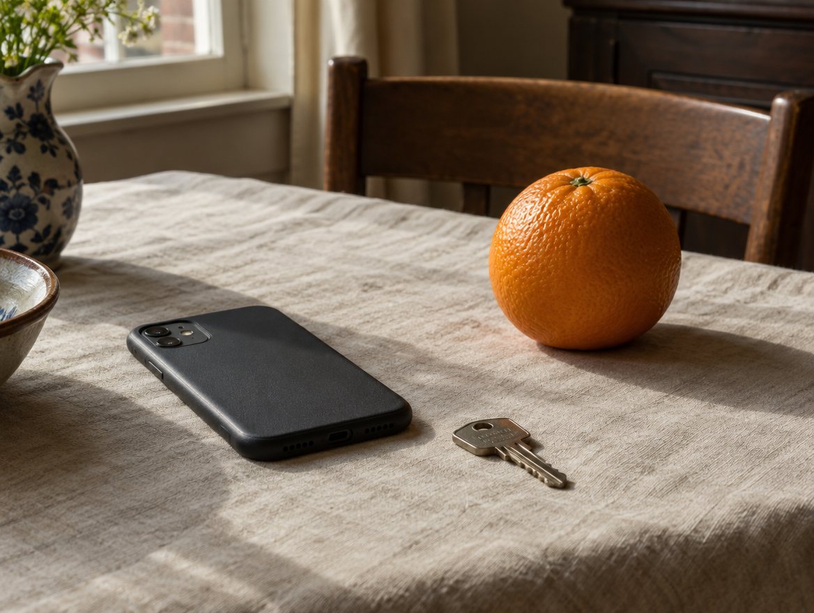 Een telefoon, een huissleutel en een sinaasappel op een linnen kleed
